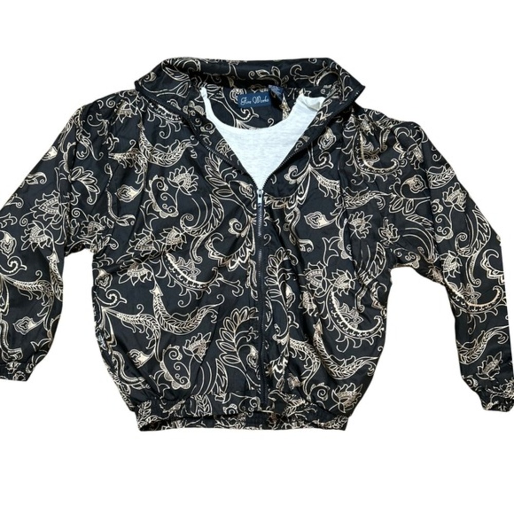 Five Works Black Gold Floral Print Lightweight‎ Zip Up Jacket Women S